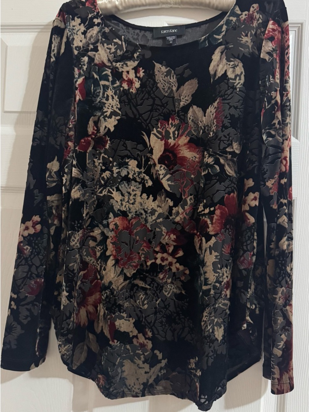 Karen Kane Black Velvet Floral Blouse with Taupe Accents